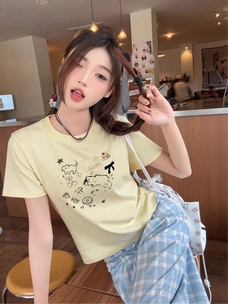 【1*1纯棉 常规款】印花正肩常规短袖 高弹力新款夏季修身显