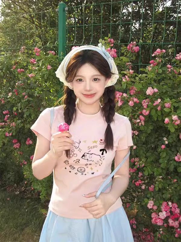 【1*1纯棉 常规款】印花正肩常规短袖 高弹力新款夏季修身显