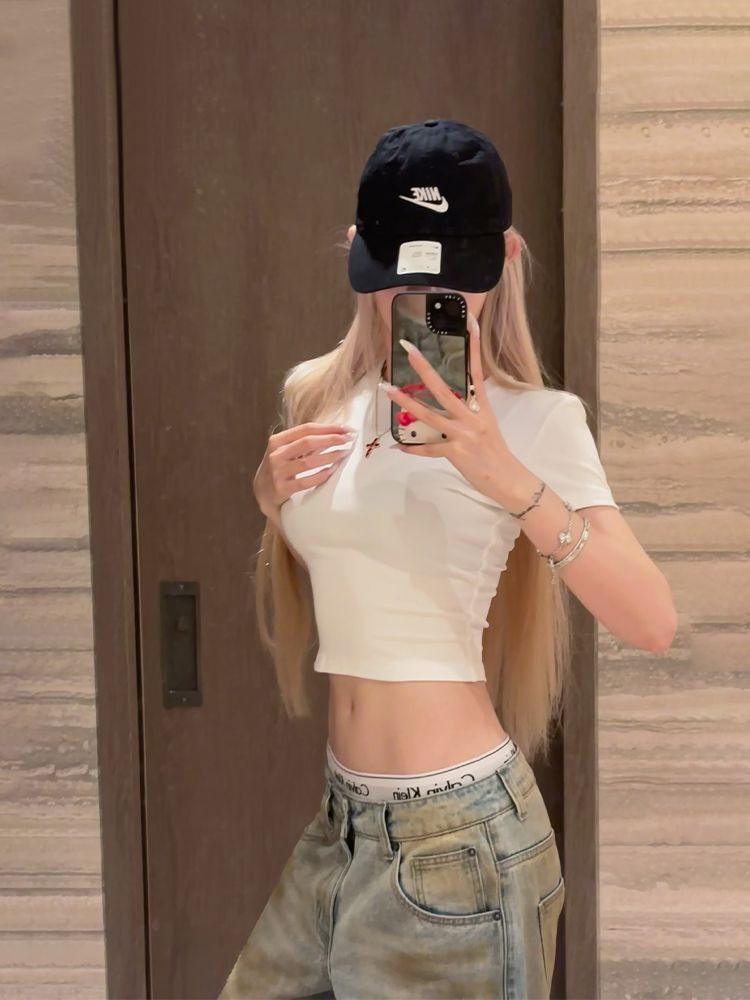 1*1纯棉 高弹力新款夏季短袖短款搭配高腰裤修身显瘦洋气上衣