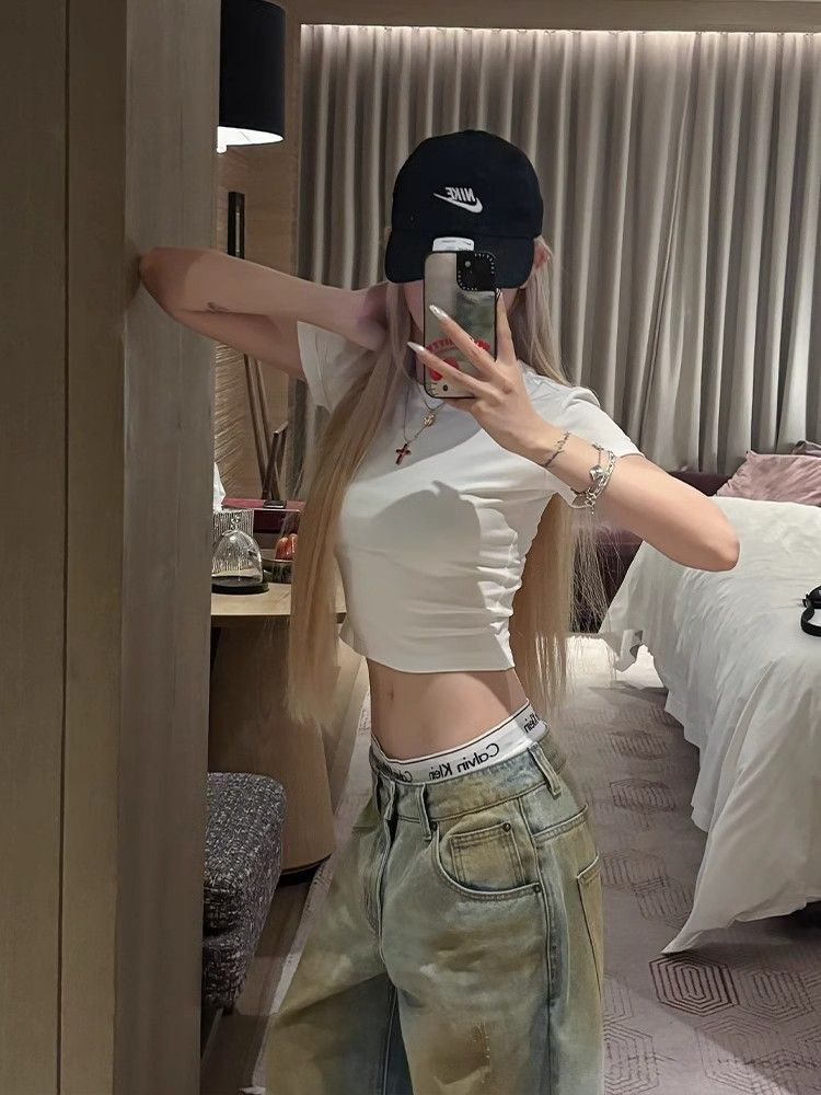 1*1纯棉 高弹力新款夏季短袖短款搭配高腰裤修身显瘦洋气上衣