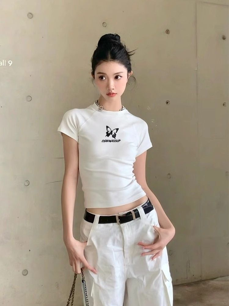 【1*1纯棉 常规款】印花正肩常规短袖 高弹力新款夏季修身显