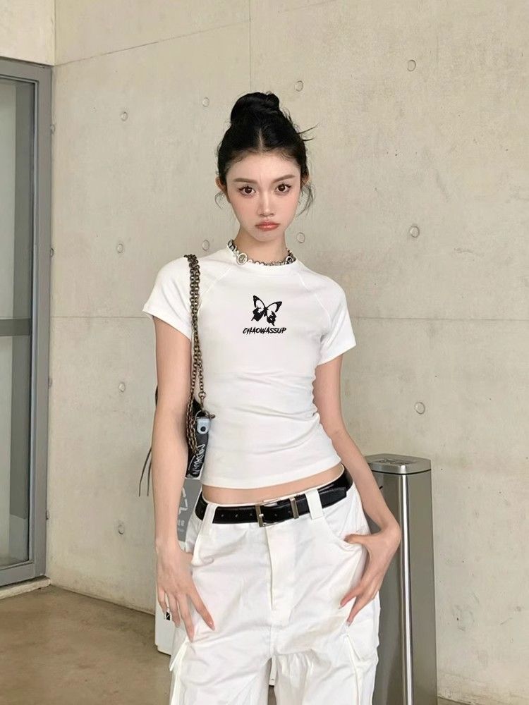 【1*1纯棉 常规款】印花正肩常规短袖 高弹力新款夏季修身显