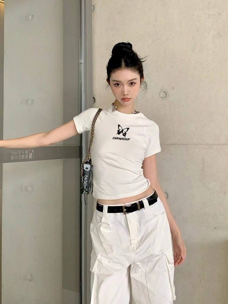 【1*1纯棉 常规款】印花正肩常规短袖 高弹力新款夏季修身显