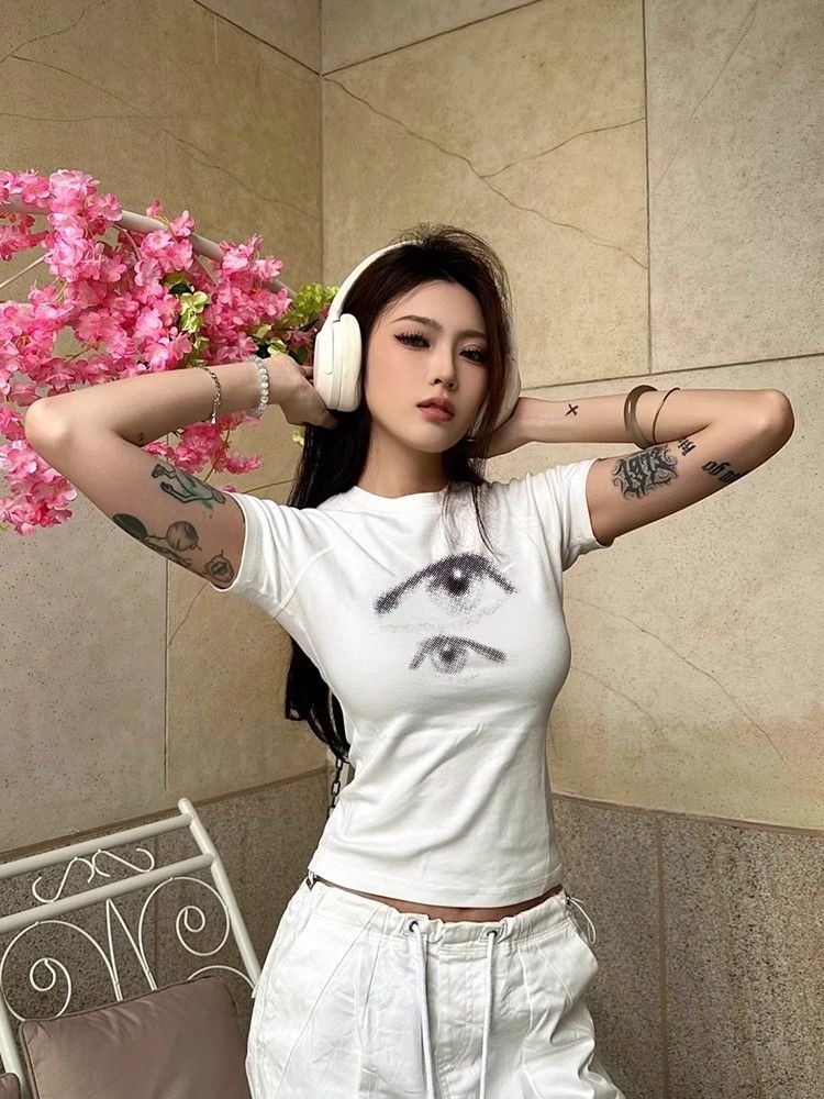 【1*1纯棉 常规款】印花正肩常规短袖 高弹力新款夏季修身显