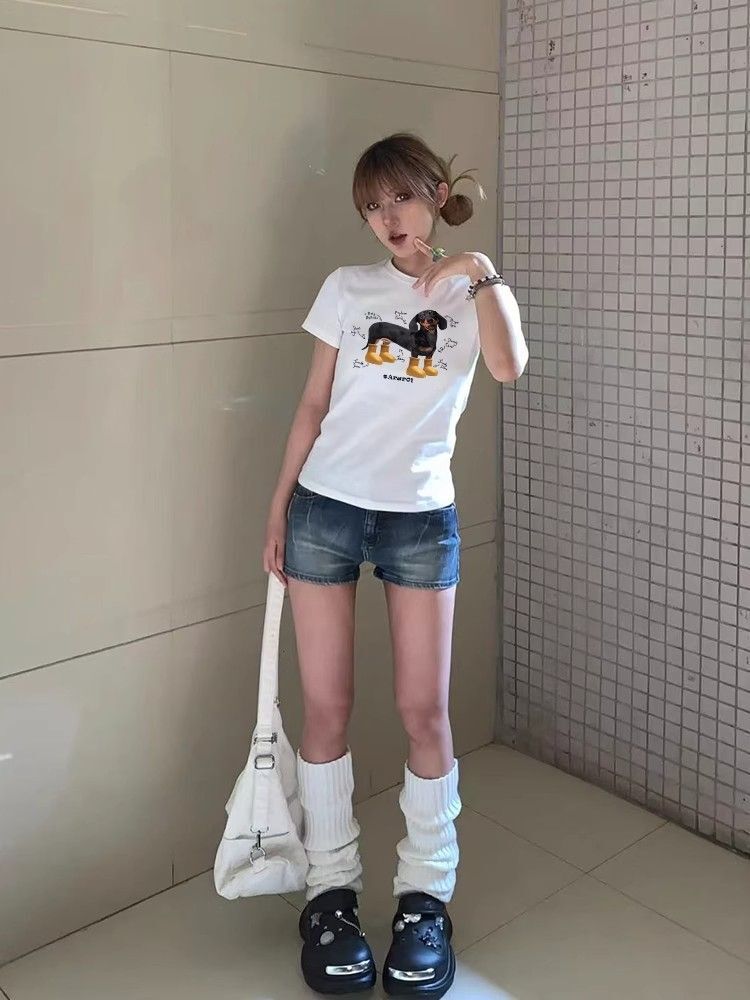 【1*1纯棉 常规款】印花正肩常规短袖 高弹力新款夏季修身显