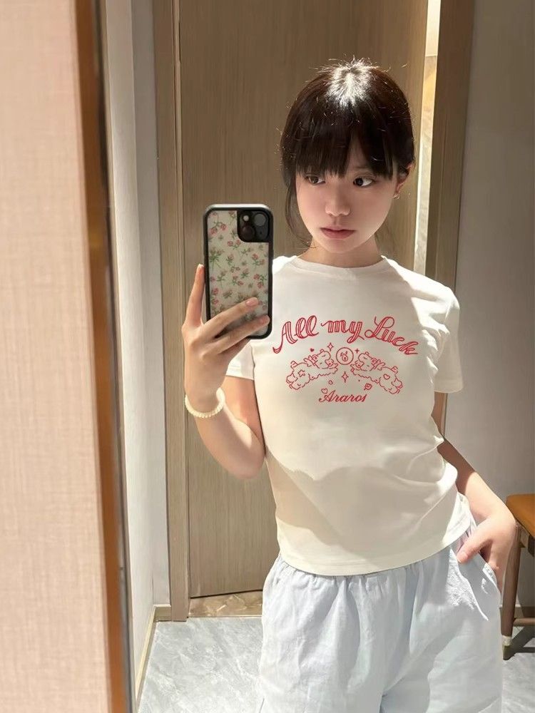 【1*1纯棉 常规款】印花正肩常规短袖 高弹力新款夏季修身显