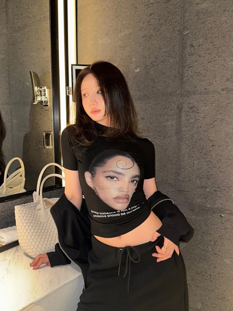 【1*1纯棉 常规款】印花正肩常规短袖 高弹力新款夏季修身显