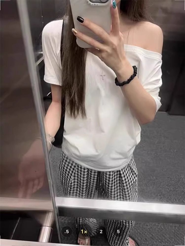 美式复古斜肩短袖t恤女夏季设计感小众宽松露肩辣妹上衣