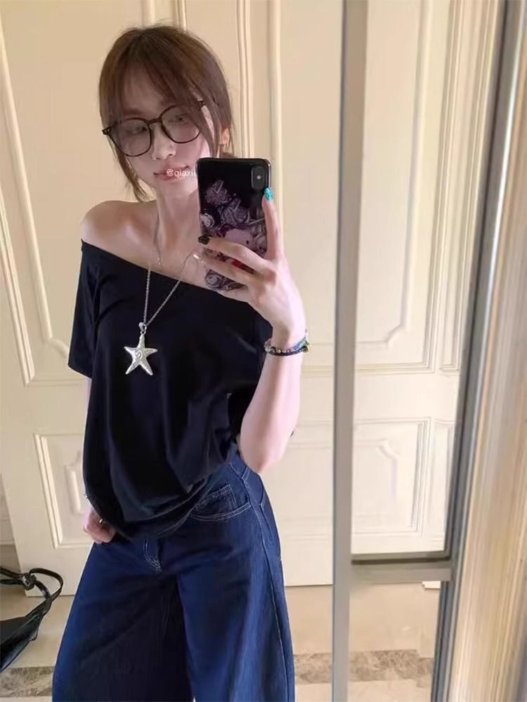 美式复古斜肩短袖t恤女夏季设计感小众宽松露肩辣妹上衣