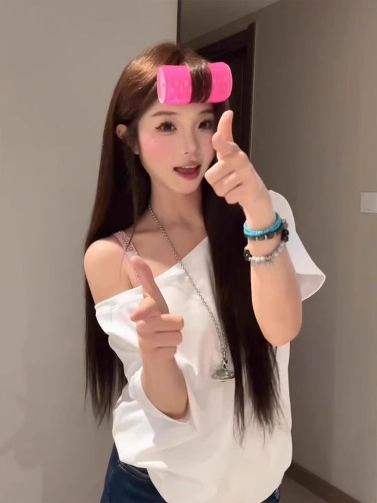 美式复古斜肩短袖t恤女夏季设计感小众宽松露肩辣妹上衣