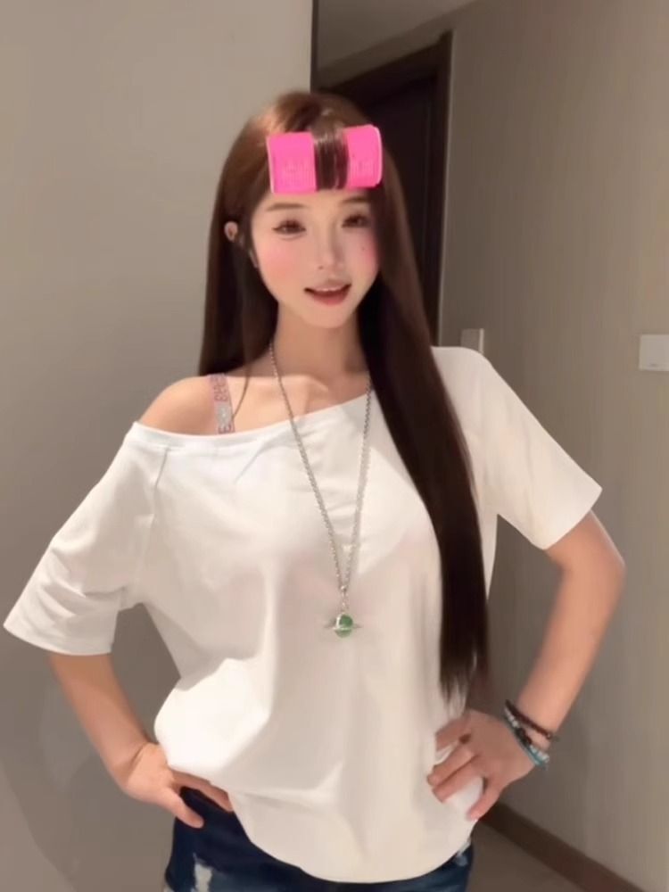 美式复古斜肩短袖t恤女夏季设计感小众宽松露肩辣妹上衣