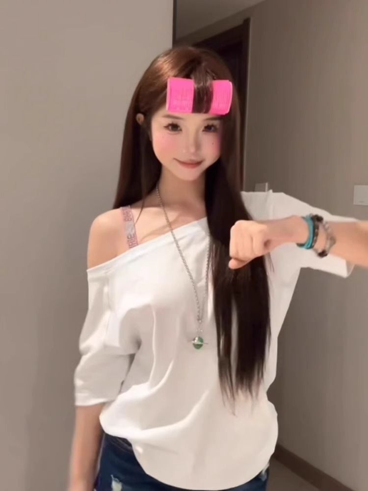 美式复古斜肩短袖t恤女夏季设计感小众宽松露肩辣妹上衣