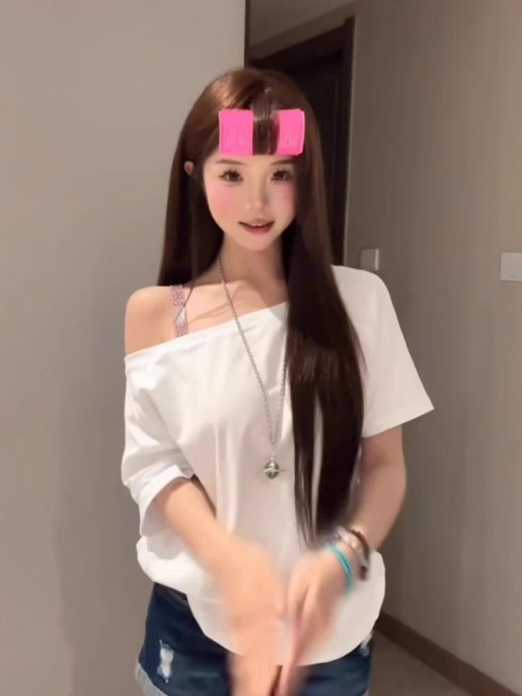 美式复古斜肩短袖t恤女夏季设计感小众宽松露肩辣妹上衣