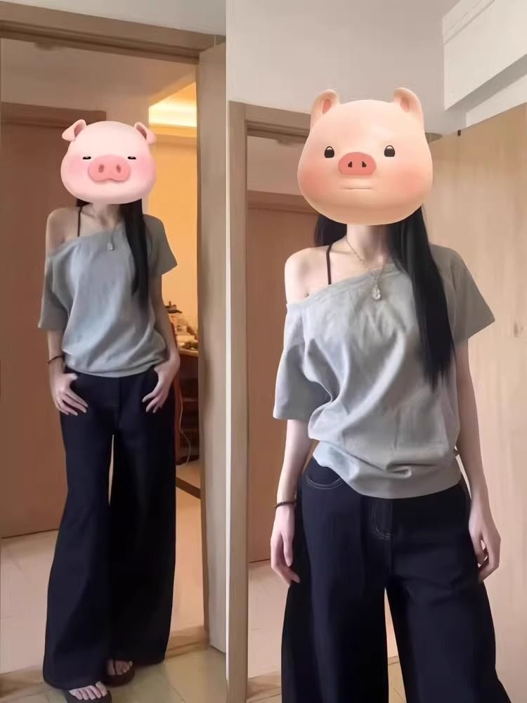 美式复古斜肩短袖t恤女夏季设计感小众宽松露肩辣妹上衣