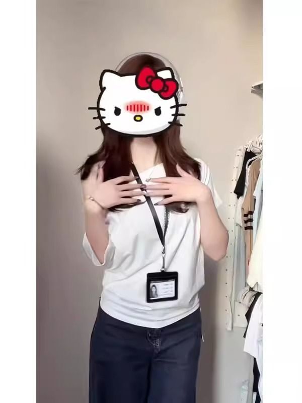 美式复古斜肩短袖t恤女夏季设计感小众宽松露肩辣妹上衣