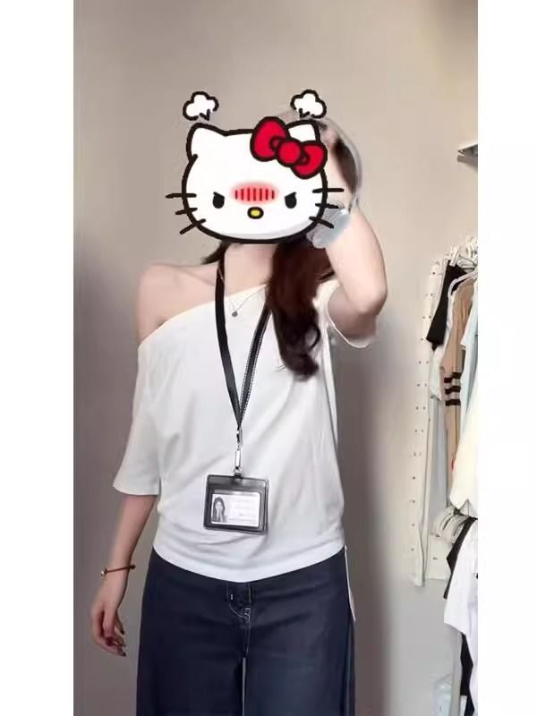 美式复古斜肩短袖t恤女夏季设计感小众宽松露肩辣妹上衣