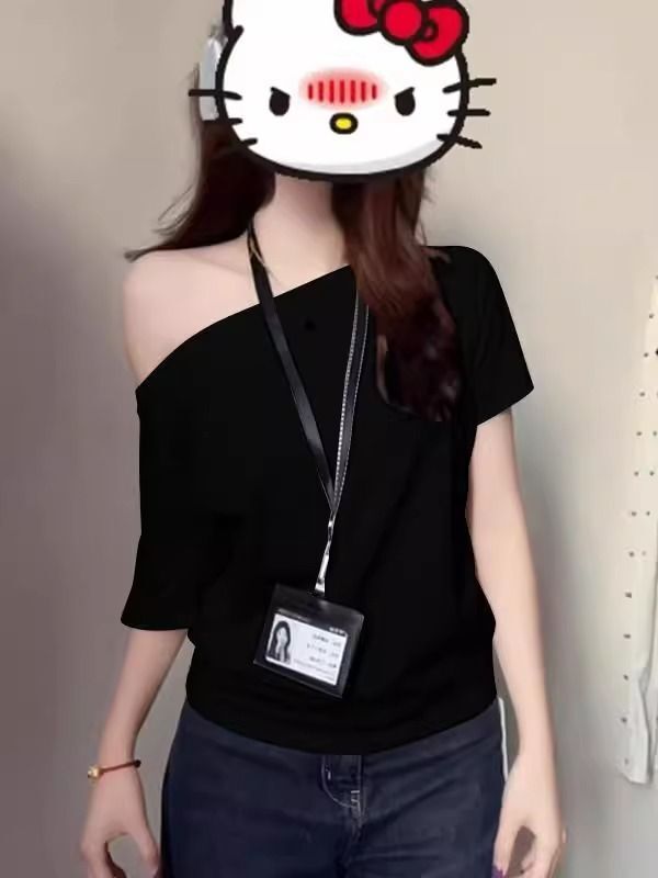 美式复古斜肩短袖t恤女夏季设计感小众宽松露肩辣妹上衣