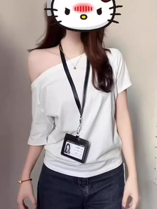 美式复古斜肩短袖t恤女夏季设计感小众宽松露肩辣妹上衣