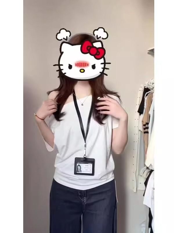 美式复古斜肩短袖t恤女夏季设计感小众宽松露肩辣妹上衣