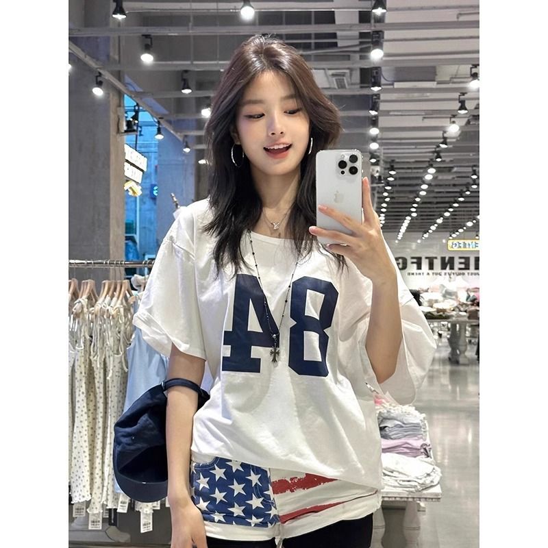 美式复古斜肩短袖t恤女夏季设计感小众宽松露肩辣妹上衣
