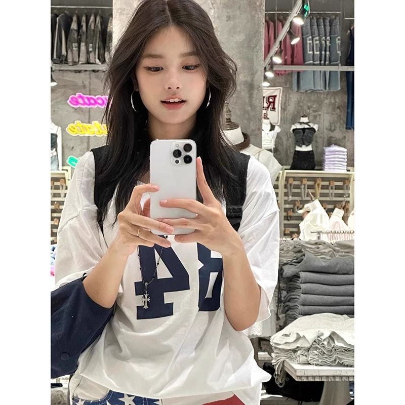 美式复古斜肩短袖t恤女夏季设计感小众宽松露肩辣妹上衣