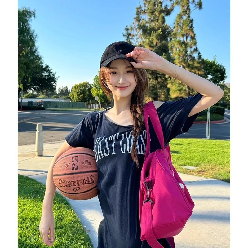 美式复古斜肩短袖t恤女夏季设计感小众宽松露肩辣妹上衣