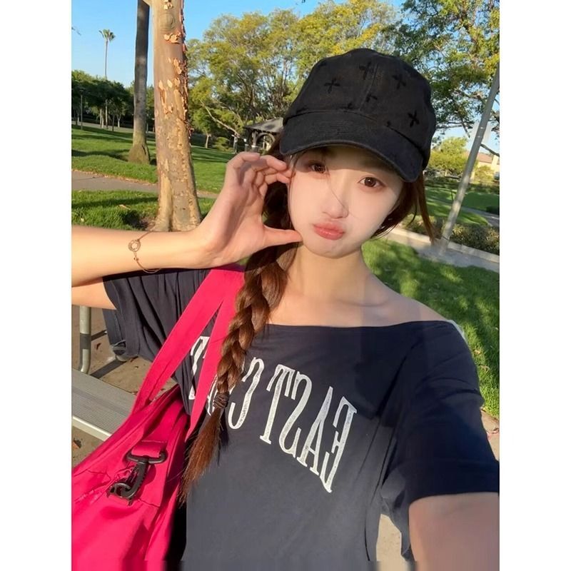 美式复古斜肩短袖t恤女夏季设计感小众宽松露肩辣妹上衣