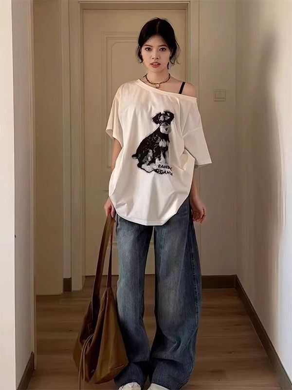 美式复古斜肩短袖t恤女夏季设计感小众宽松露肩辣妹上衣