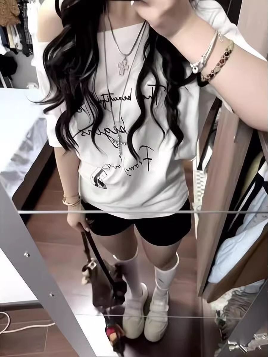 美式复古斜肩短袖t恤女夏季设计感小众宽松露肩辣妹上衣