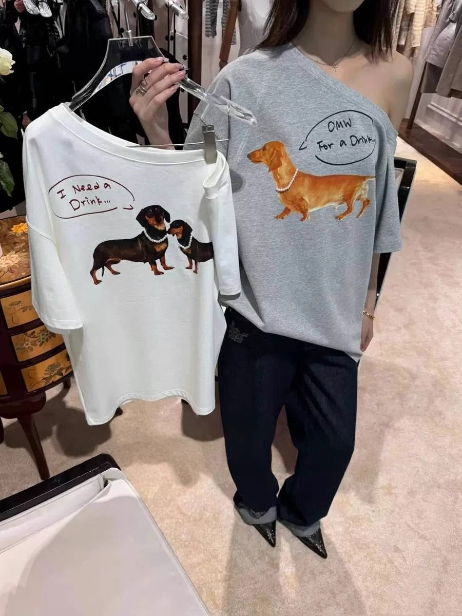 美式复古斜肩短袖t恤女夏季设计感小众宽松露肩辣妹上衣