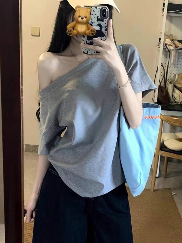 美式复古斜肩短袖t恤女夏季设计感小众宽松露肩辣妹上衣