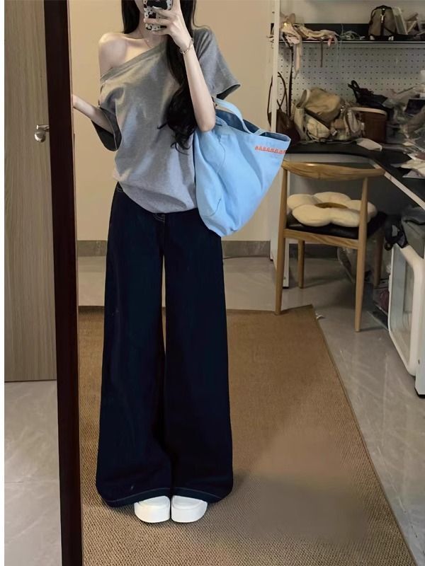 美式复古斜肩短袖t恤女夏季设计感小众宽松露肩辣妹上衣