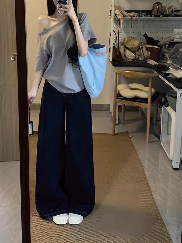 美式复古斜肩短袖t恤女夏季设计感小众宽松露肩辣妹上衣