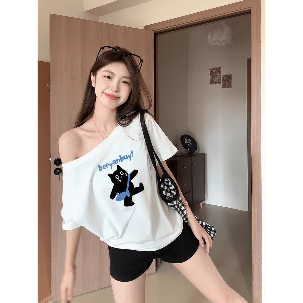 美式复古斜肩短袖t恤女夏季设计感小众宽松露肩辣妹上衣