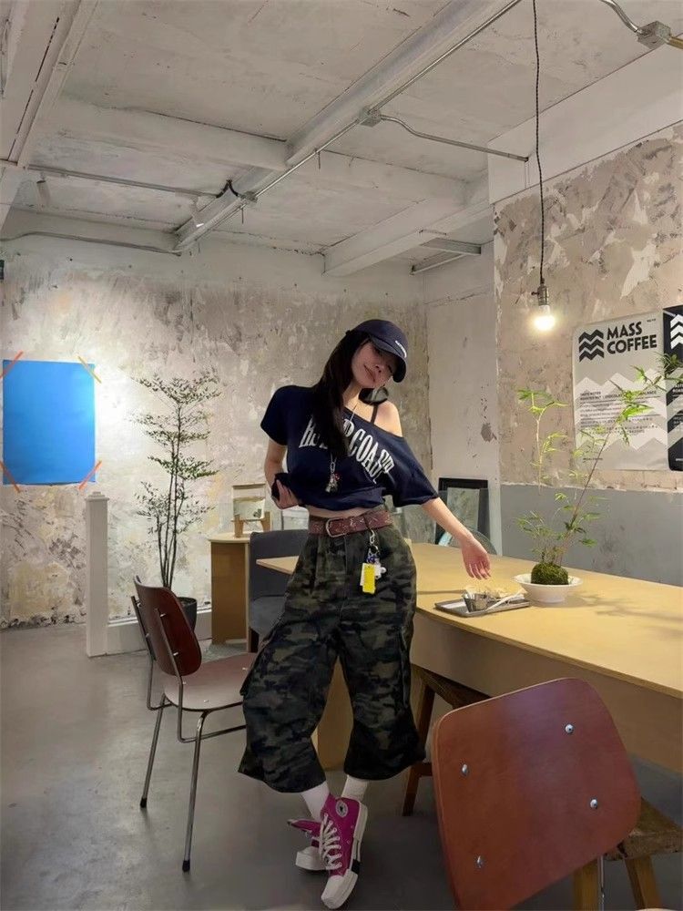 美式复古斜肩短袖t恤女夏季设计感小众宽松露肩辣妹上衣