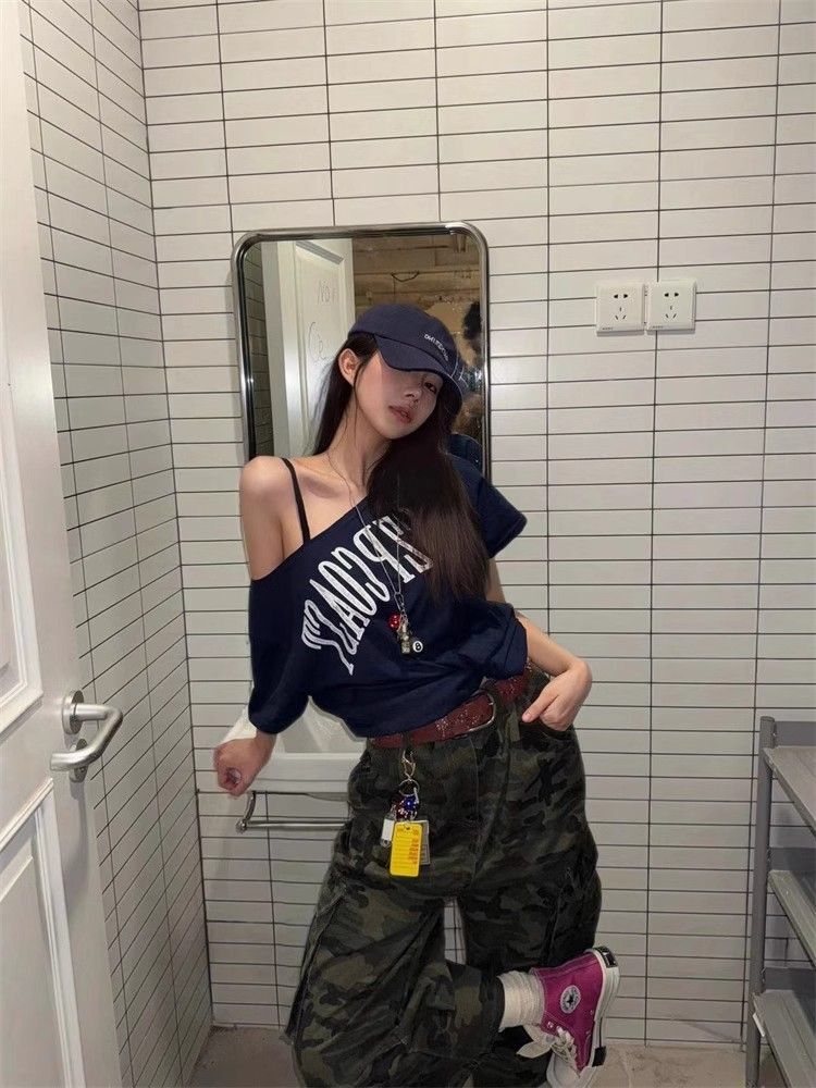 美式复古斜肩短袖t恤女夏季设计感小众宽松露肩辣妹上衣