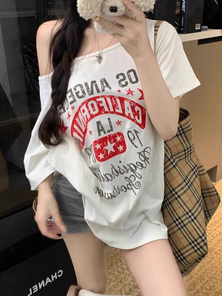 美式复古斜肩短袖t恤女夏季设计感小众宽松露肩辣妹上衣