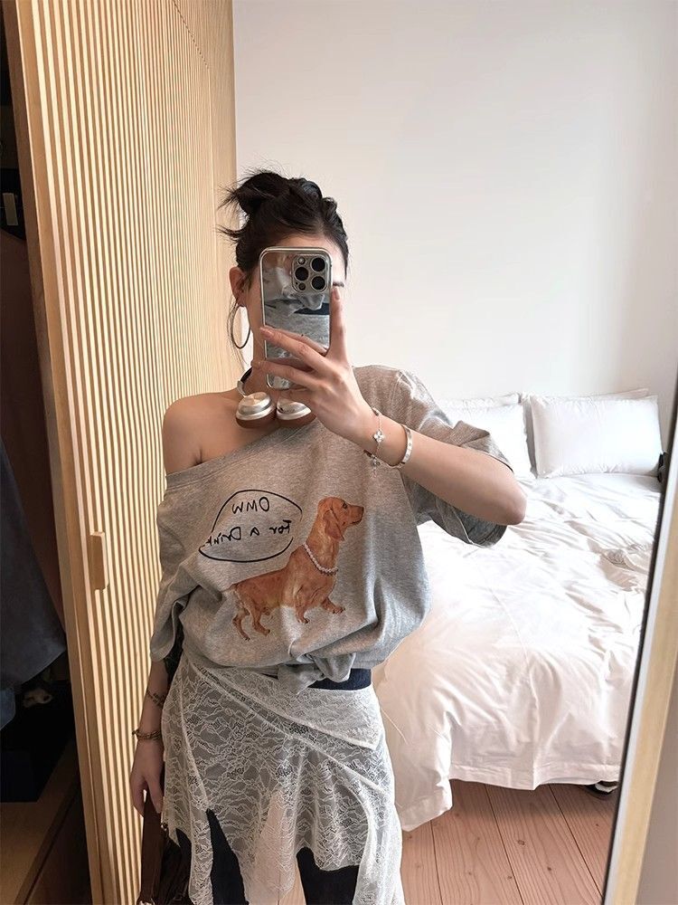 美式复古斜肩短袖t恤女夏季设计感小众宽松露肩辣妹上衣