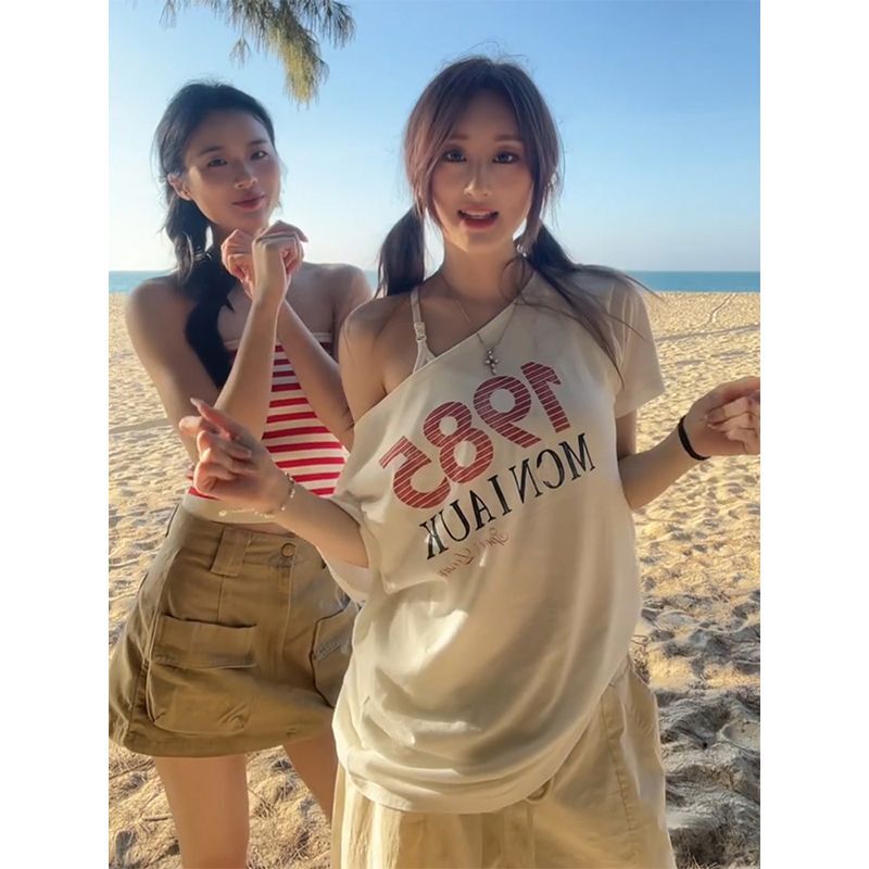 美式复古斜肩短袖t恤女夏季设计感小众宽松露肩辣妹上衣