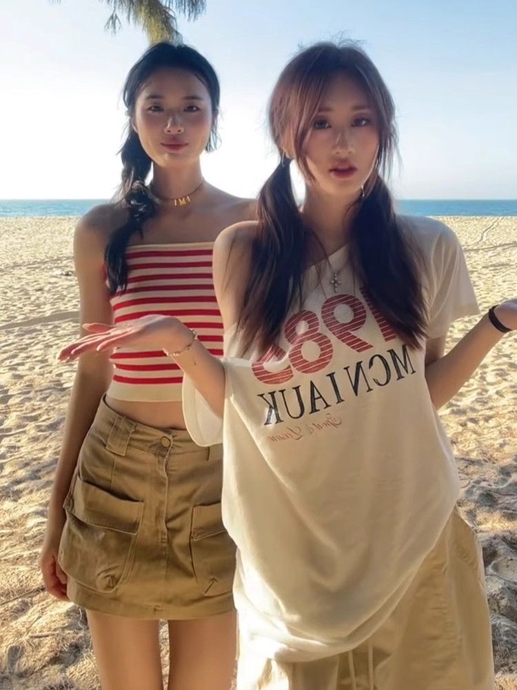 美式复古斜肩短袖t恤女夏季设计感小众宽松露肩辣妹上衣