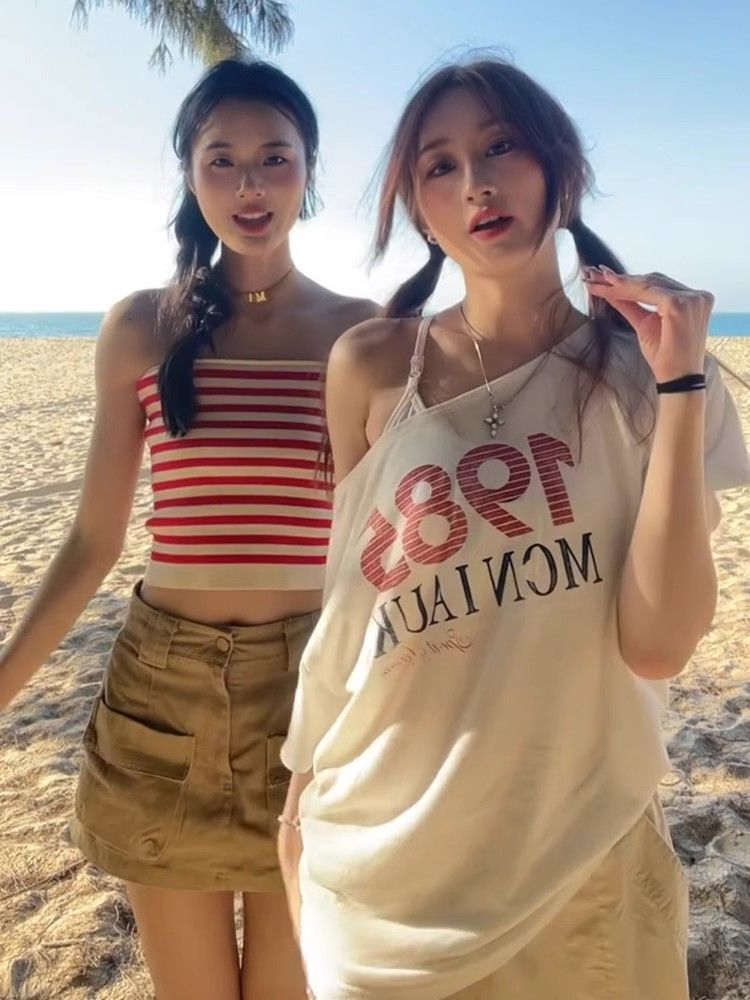 美式复古斜肩短袖t恤女夏季设计感小众宽松露肩辣妹上衣