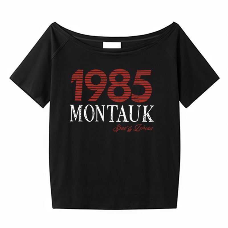 美式复古斜肩短袖t恤女夏季设计感小众宽松露肩辣妹上衣