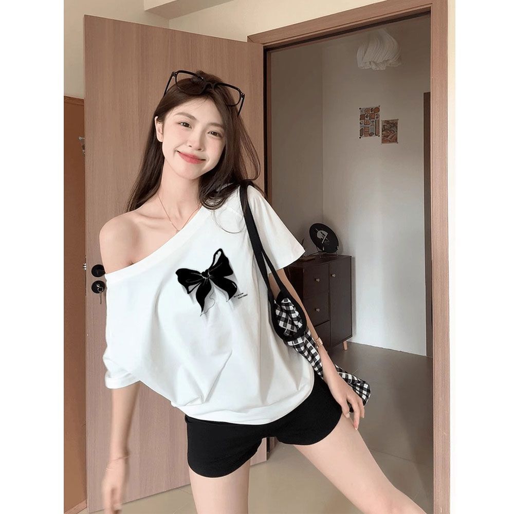 美式复古斜肩短袖t恤女夏季设计感小众宽松露肩辣妹上衣