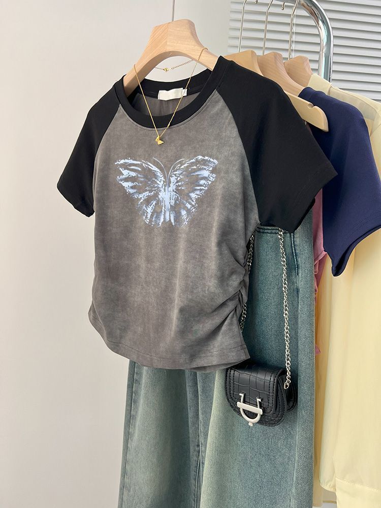 1*1纯棉 高弹力】褶皱收腰印花打皱扎染短袖T恤女