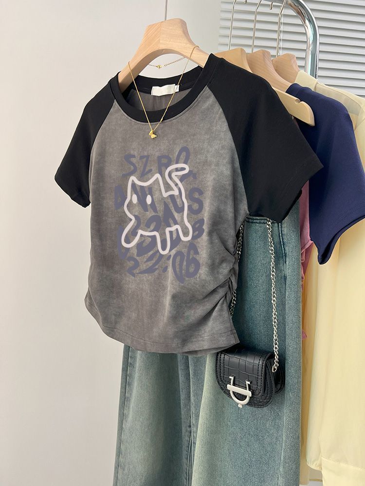 1*1纯棉 高弹力】褶皱收腰印花打皱扎染短袖T恤女 1*1纯棉 高弹力】褶皱收腰印花打皱扎染短袖T恤女