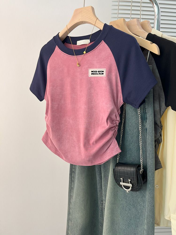 1*1纯棉 高弹力】褶皱收腰印花打皱扎染短袖T恤女 1*1纯棉 高弹力】褶皱收腰印花打皱扎染短袖T恤女