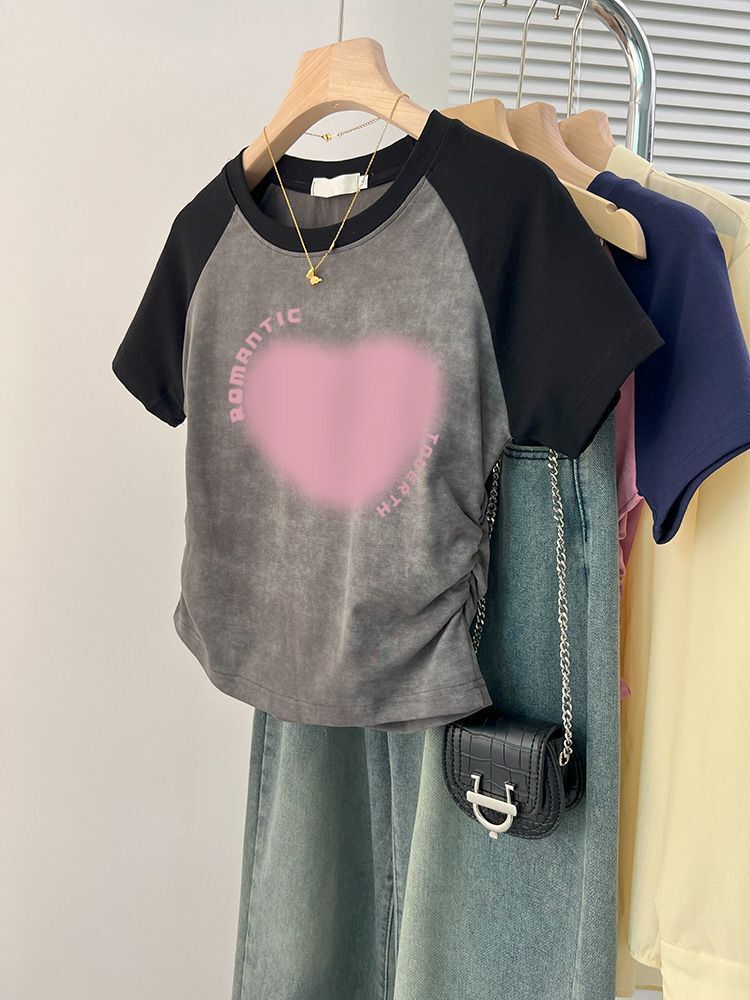 1*1纯棉 高弹力】褶皱收腰印花打皱扎染短袖T恤女 1*1纯棉 高弹力】褶皱收腰印花打皱扎染短袖T恤女