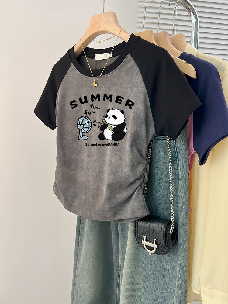 1*1纯棉 高弹力】褶皱收腰印花打皱扎染短袖T恤女 1*1纯棉 高弹力】褶皱收腰印花打皱扎染短袖T恤女