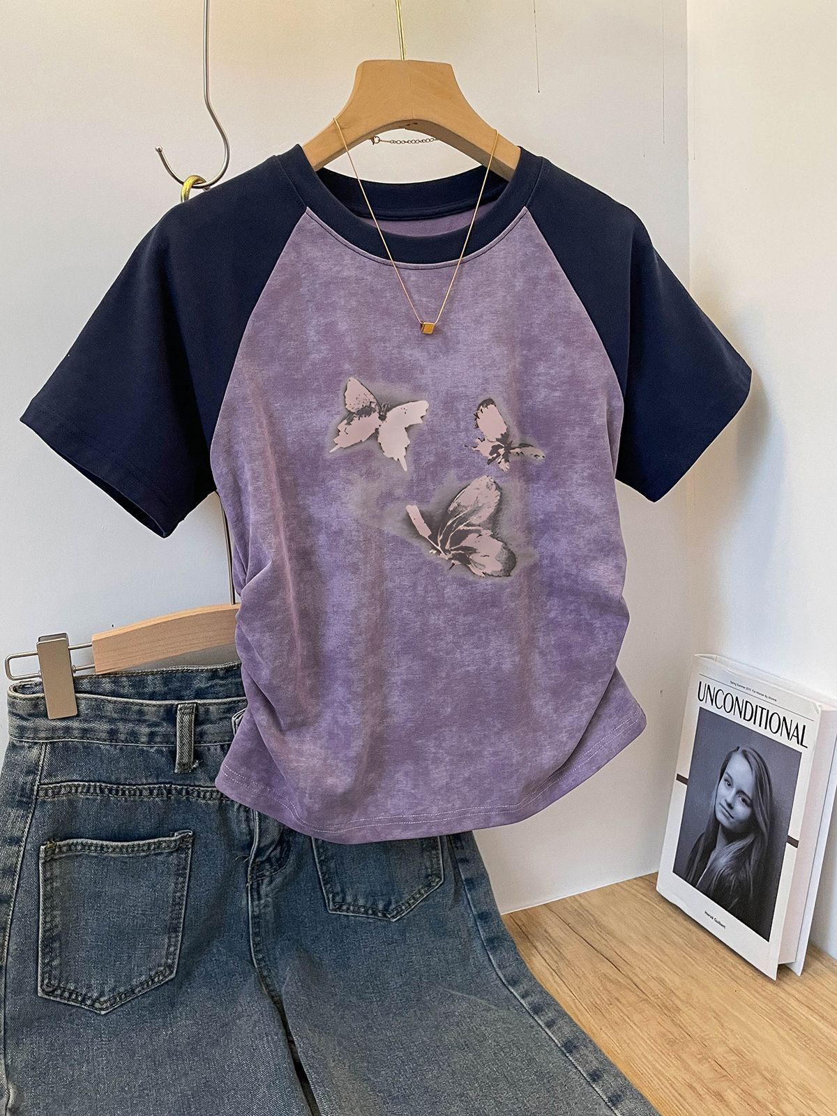 1*1纯棉 高弹力】褶皱收腰印花打皱扎染短袖T恤女