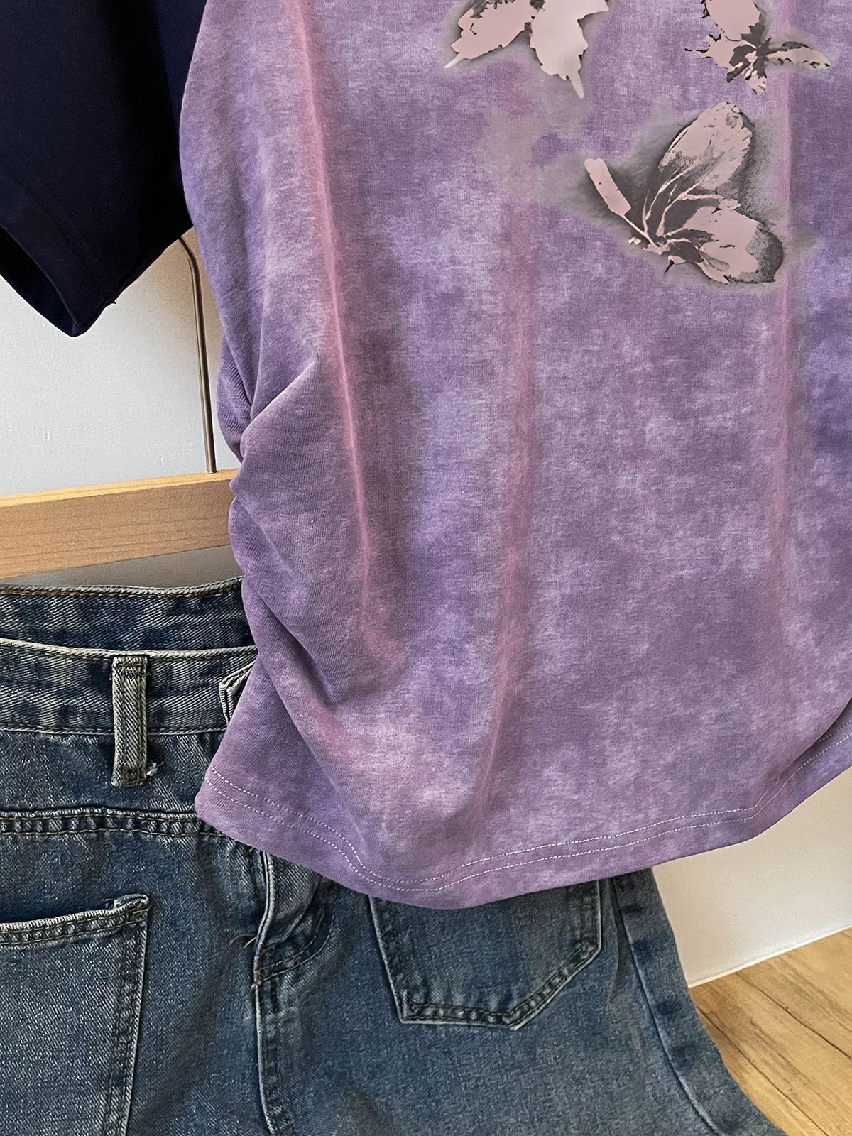 1*1纯棉 高弹力】褶皱收腰印花打皱扎染短袖T恤女